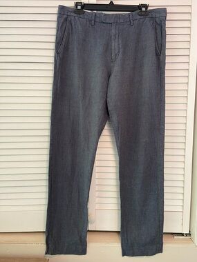 J. Crew Bowery Slim Men's Flat Front Blue Chinos Linen/Cotton Blend 34x32